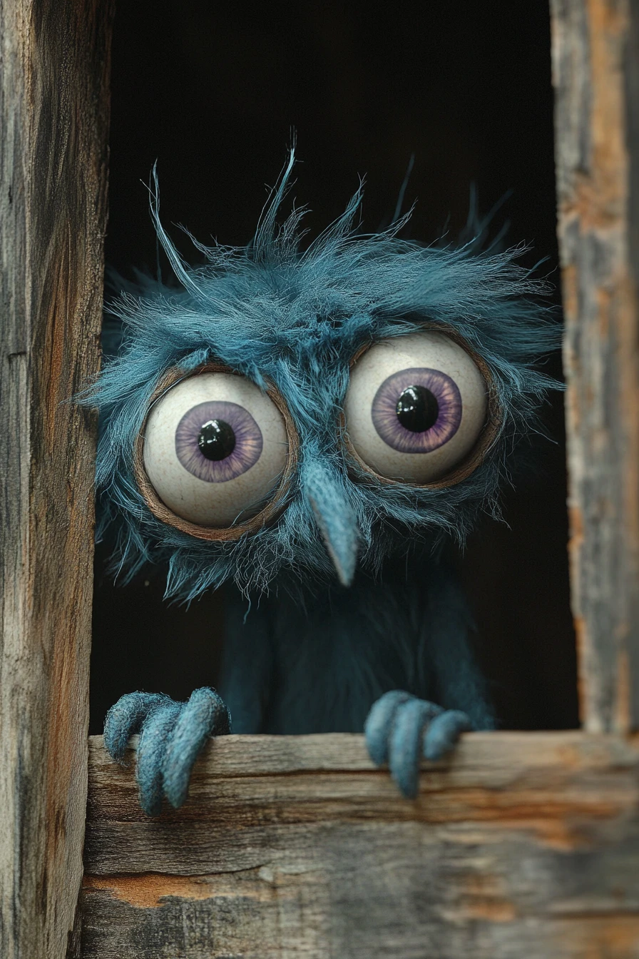 Blue puppet peering from dark rustic wooden opening