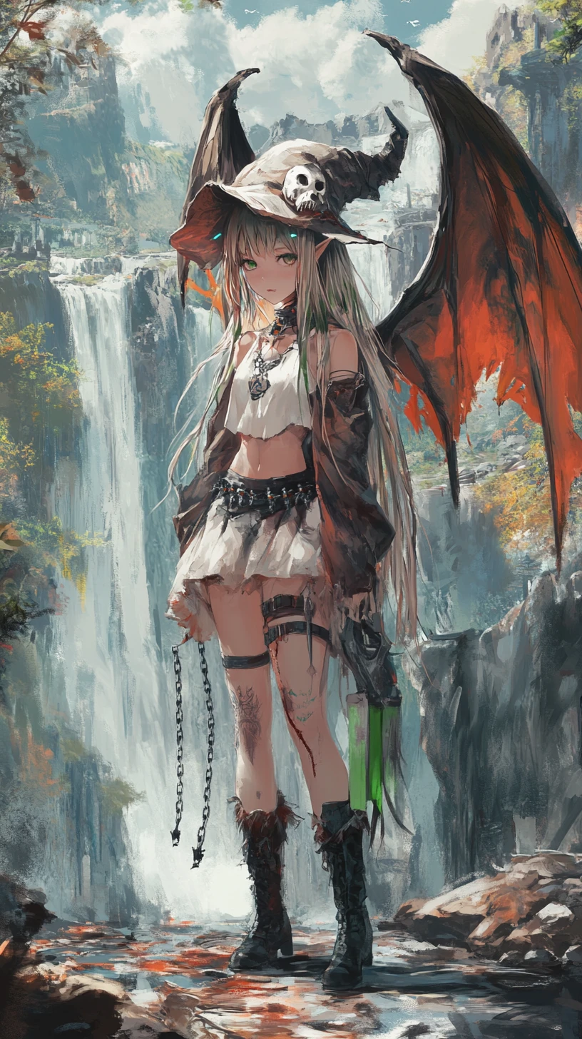 Dragon winged girl with sword before a rainbow waterfall