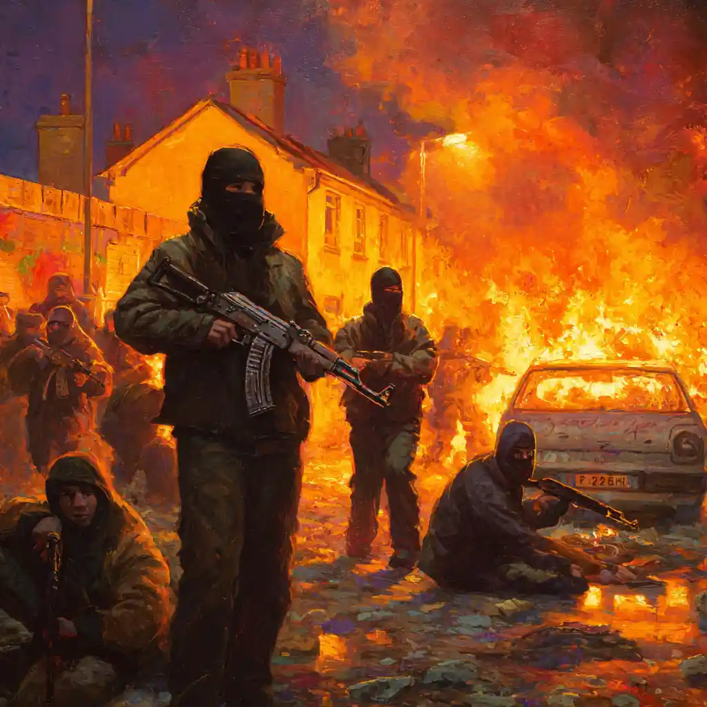 Armed soldiers confront masked bank robbers on city street