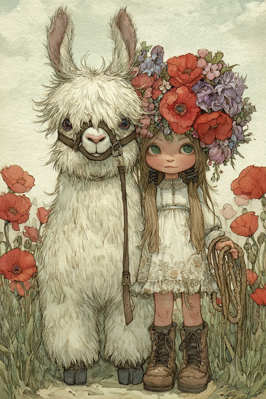 Girl with floral crown and white creature in poppy field