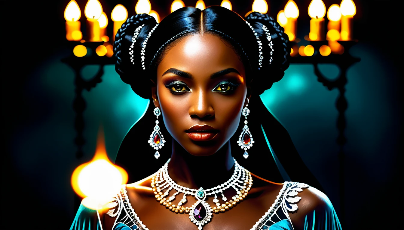 Mulher negra mágica em renda ornamentada e retrato com joias