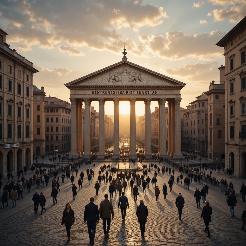 Ancient Roman forum at sunrise with citizens in marble streets
