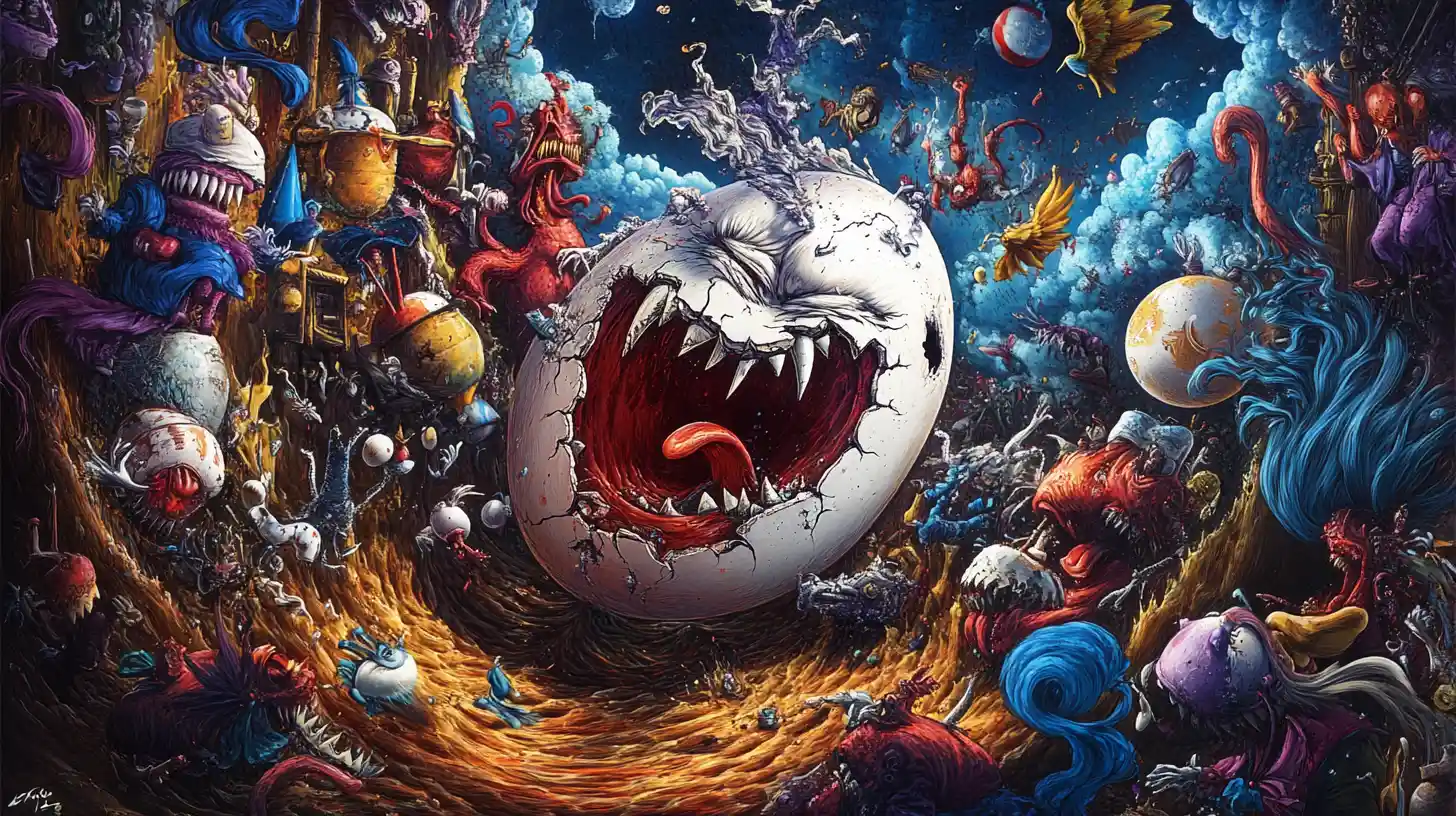 Surreal scene of Mrs Humpty Dumpty crying on the wall