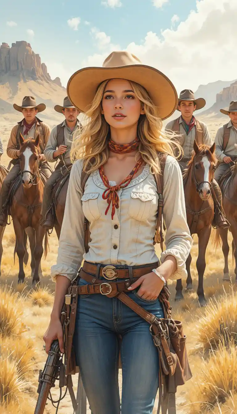 Watercolor cowgirl leading cowboys across a sunlit prairie