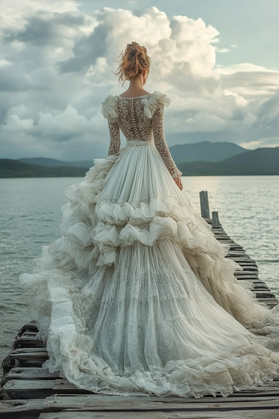 Woman in ruffled evening gown on pier by tranquil lake