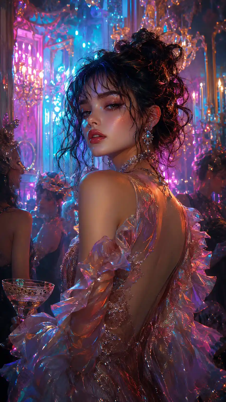 Glamorous woman at a lavish baroque inspired party scene