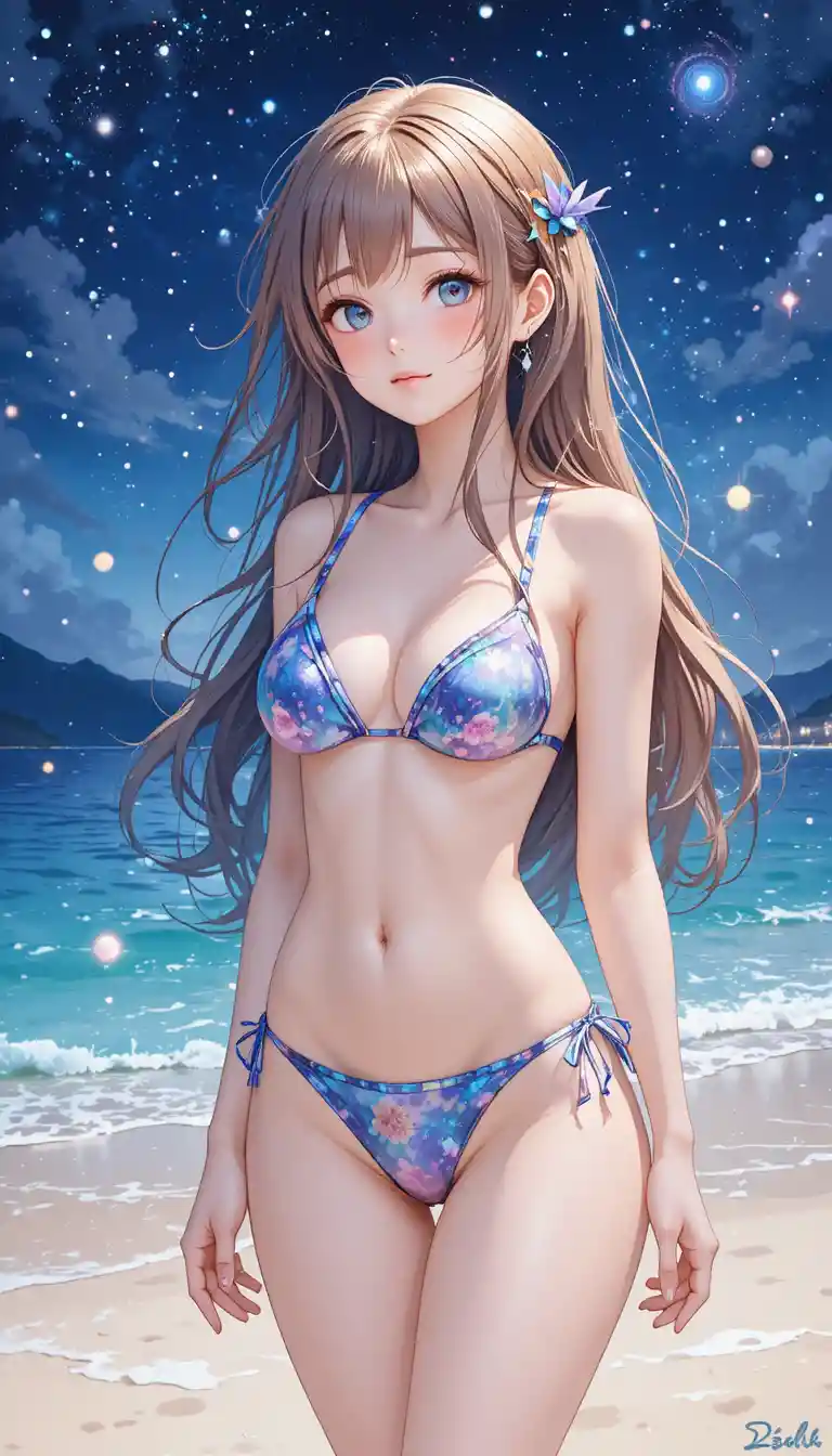 Anime girl in bikini on a dreamy night beach