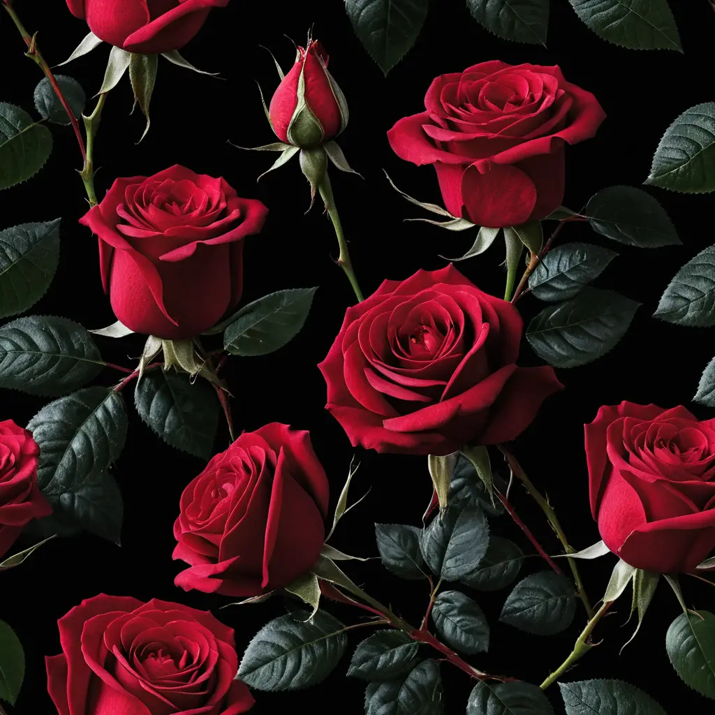 Velvety red roses glowing against a deep black background