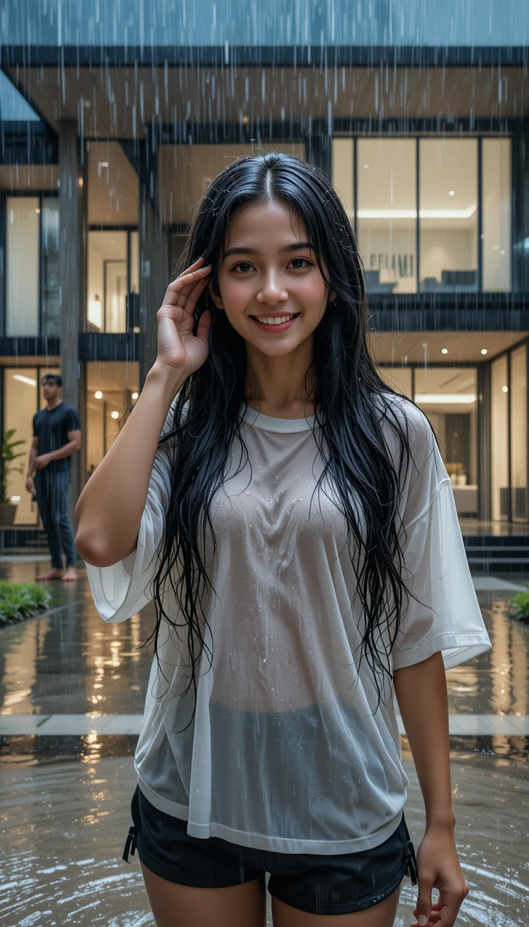 Joyful woman in heavy rain before modern glass mansion