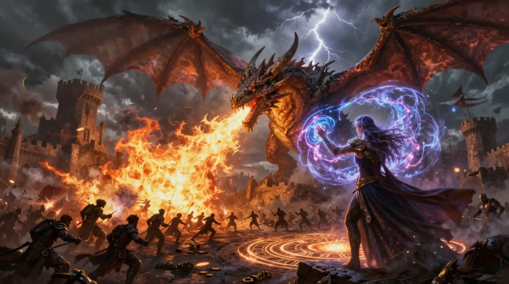 Dragon fire assault on a medieval castle in battle