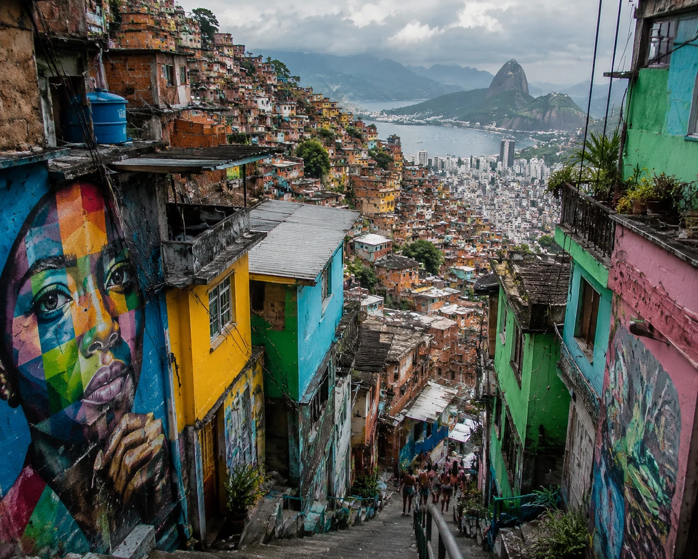 Colorful hillside favelas rising above the Rio de Janeiro city