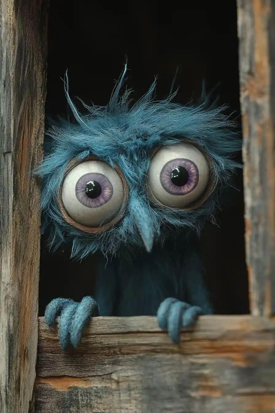 Blue puppet peering from dark rustic wooden opening