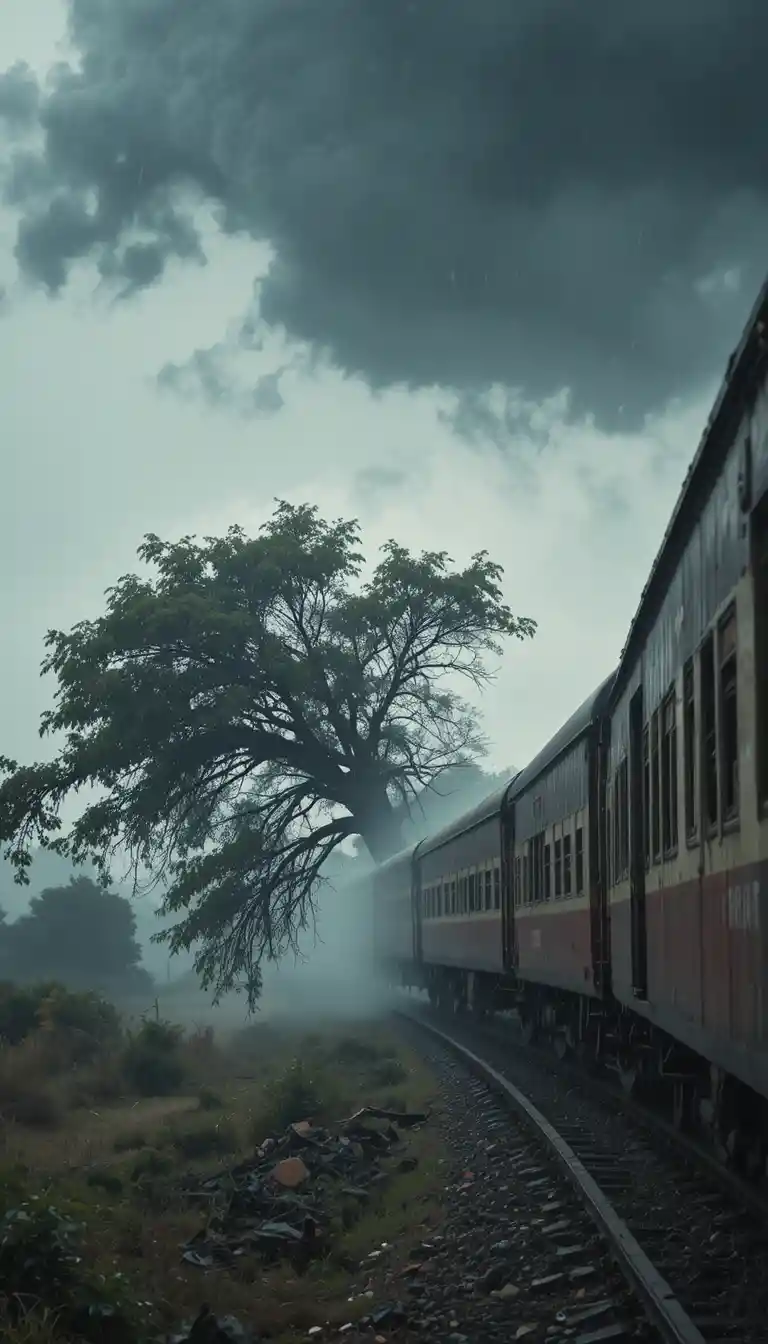 Passenger train crossing indian countryside in clear daylight