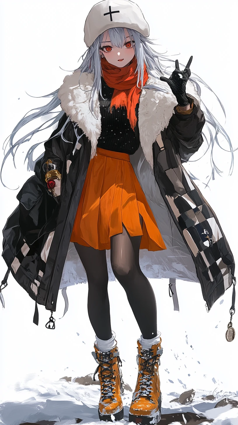 Anime girl in winter clothes sitting in a ruined hall