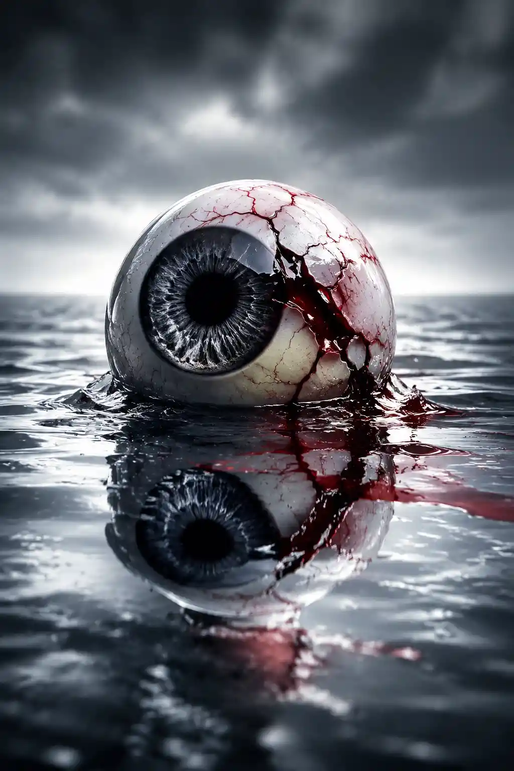 Damaged eyeball floating on reflective watery surface