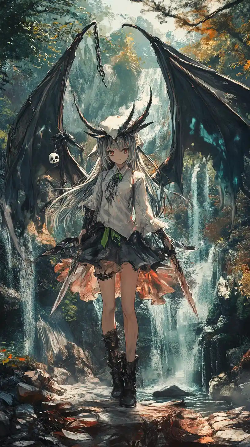 Dragon winged girl with sword by a rainbow waterfall