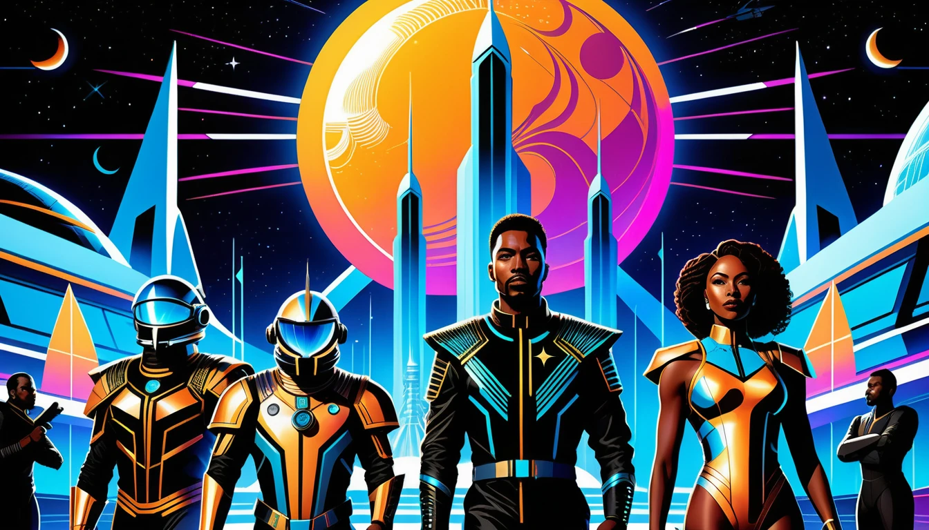 Black space explorers gather in a neon lit spaceport