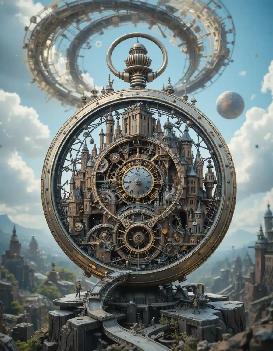 Miniature city hidden inside a giant mechanical pocket watch