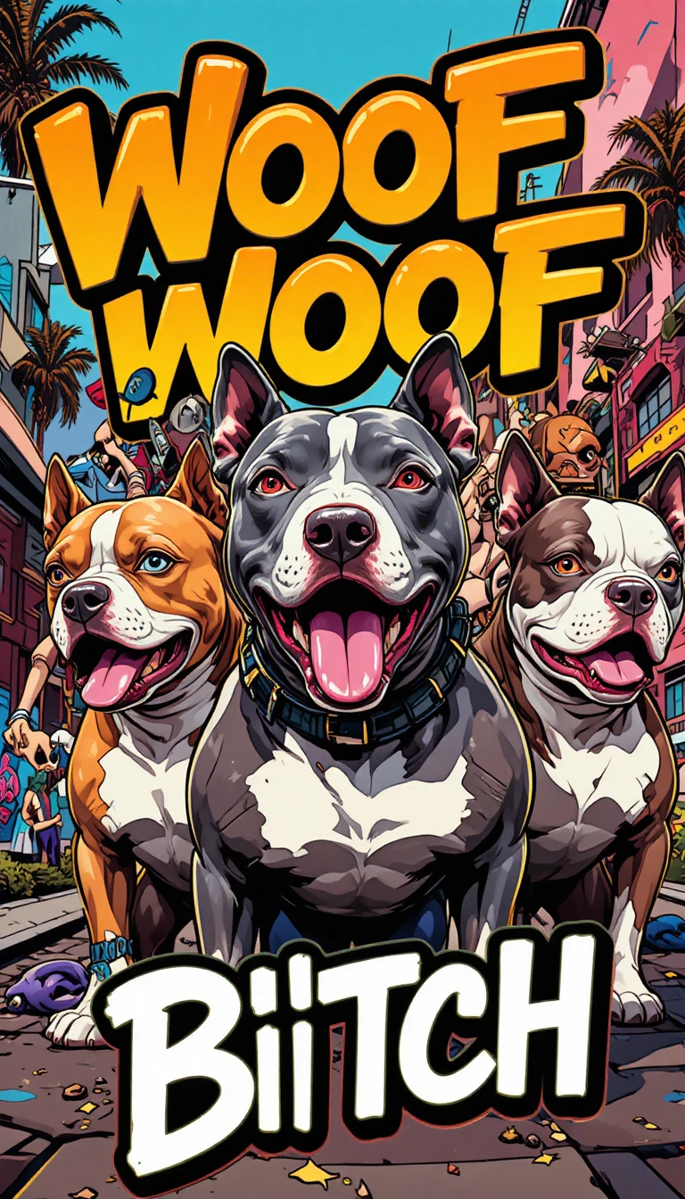 GTA style pitbull artwork with bold graffiti title text