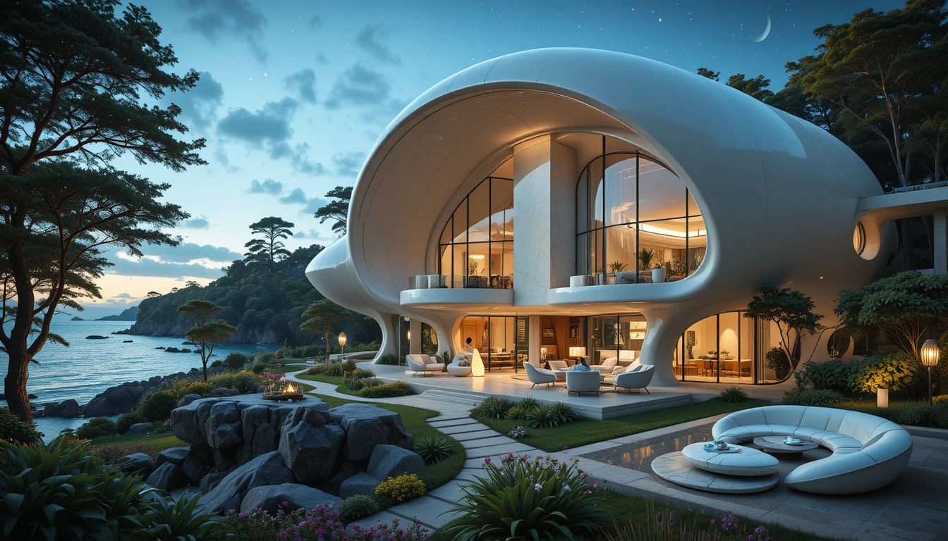 Futuristic organic villa by the ocean at sunset