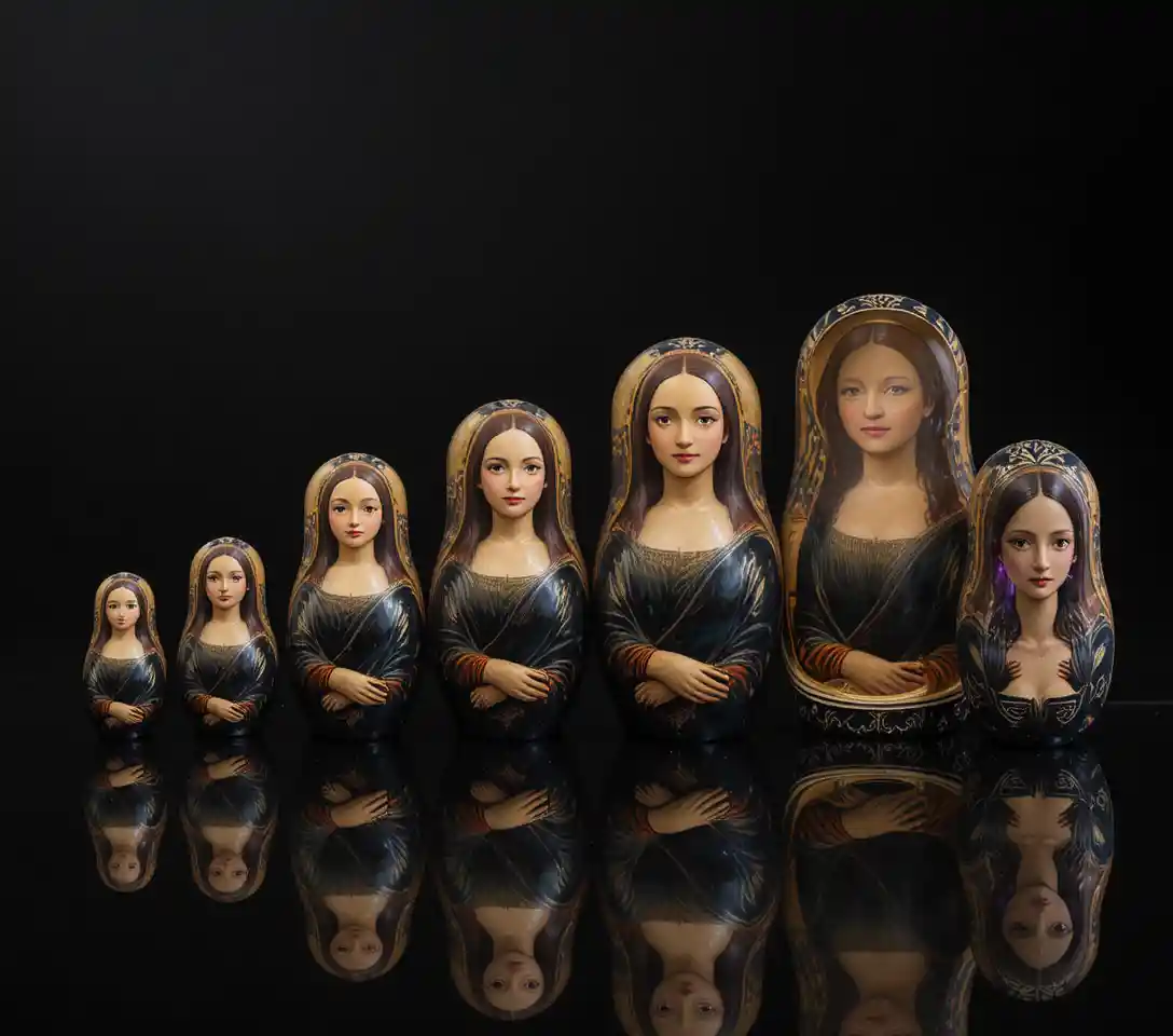 Mona Lisa nesting dolls lined up on reflective black surface