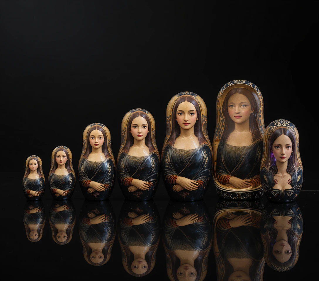 Mona Lisa nesting dolls lined up on reflective black surface
