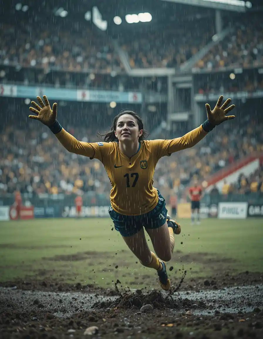 Female soccer goalie diving for a save in heavy rain