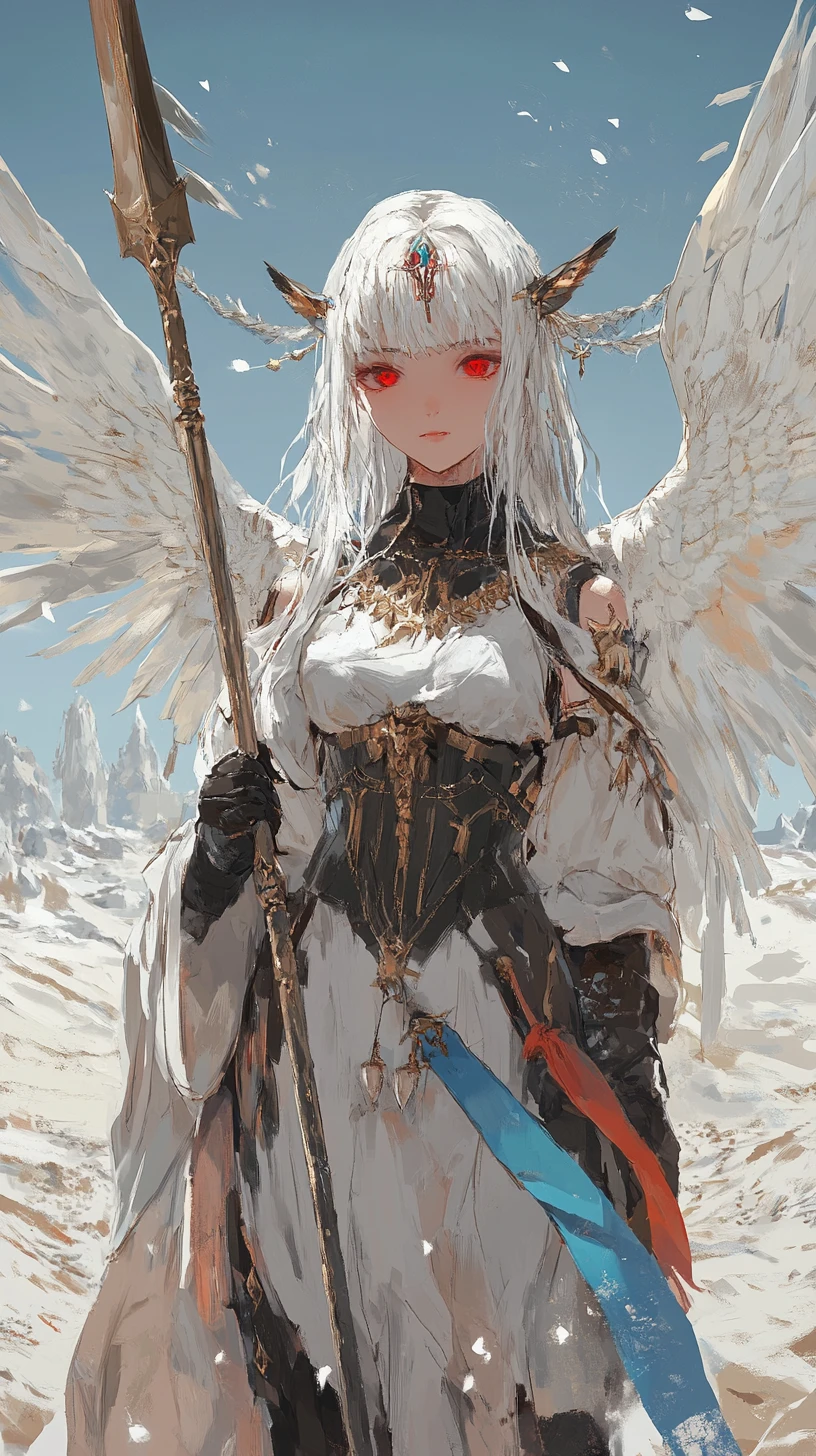 Angel winged anime girl guarding a desert castle