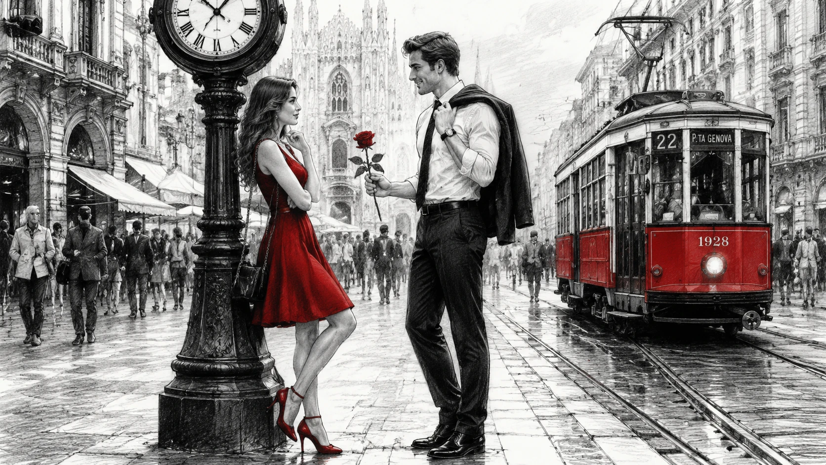 Young couple by a street clock on a city sidewalk