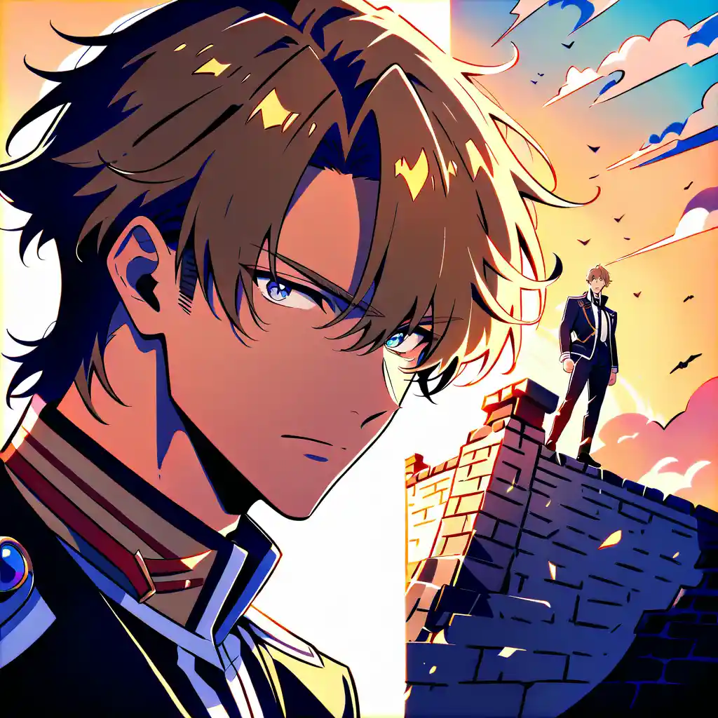 Serious anime young man on ancient wall at sunset