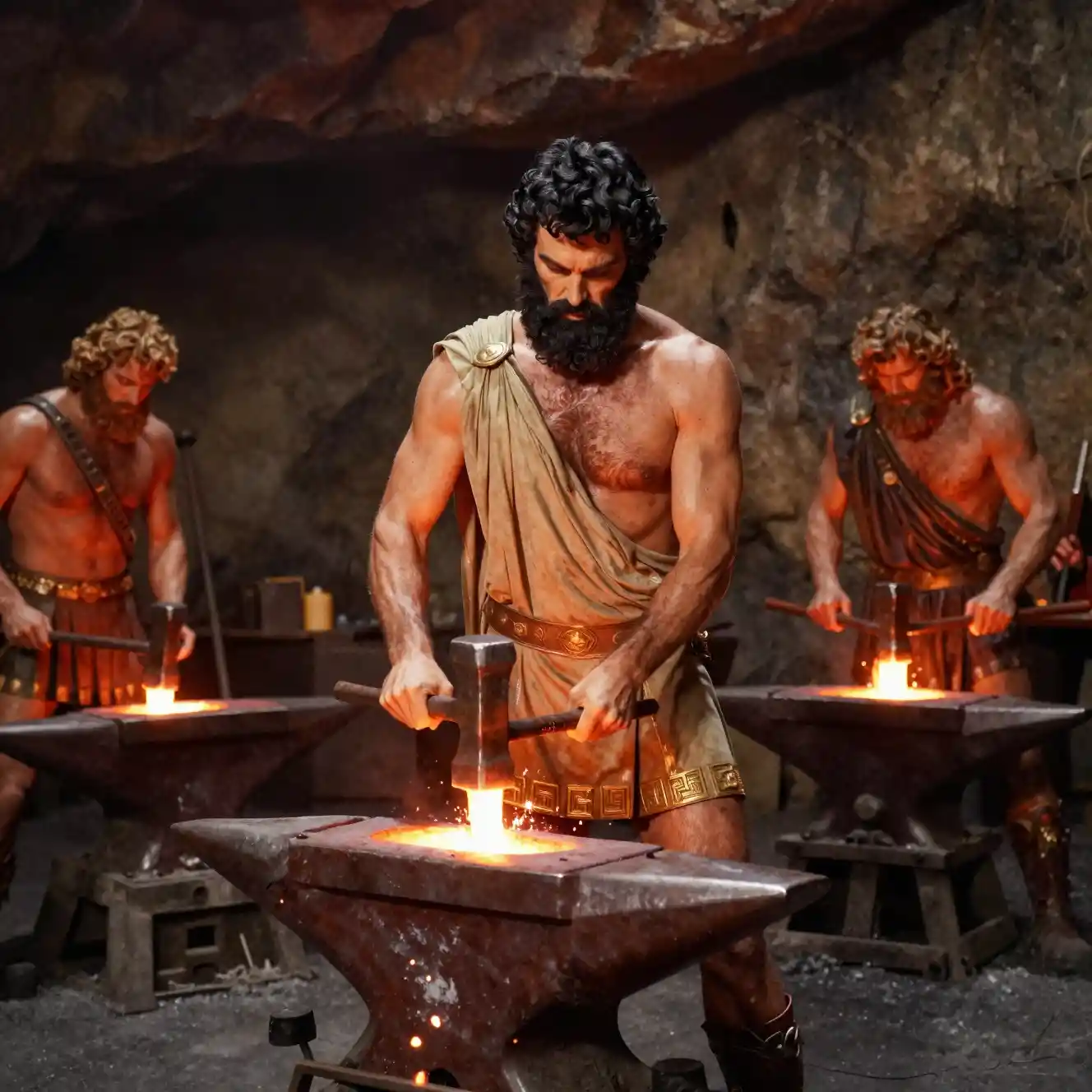 Mythical god hammering at a glowing forge in a cave