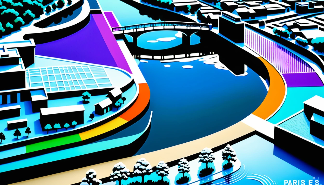 Paris Seine riverscape relief map with iconic city landmarks