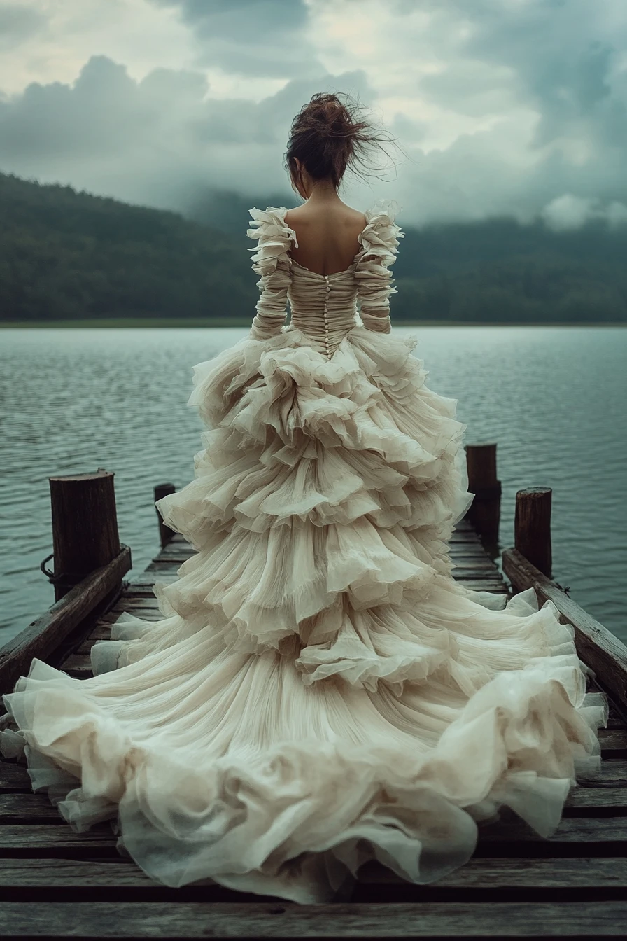 Woman in flowing evening gown on pier by serene lake