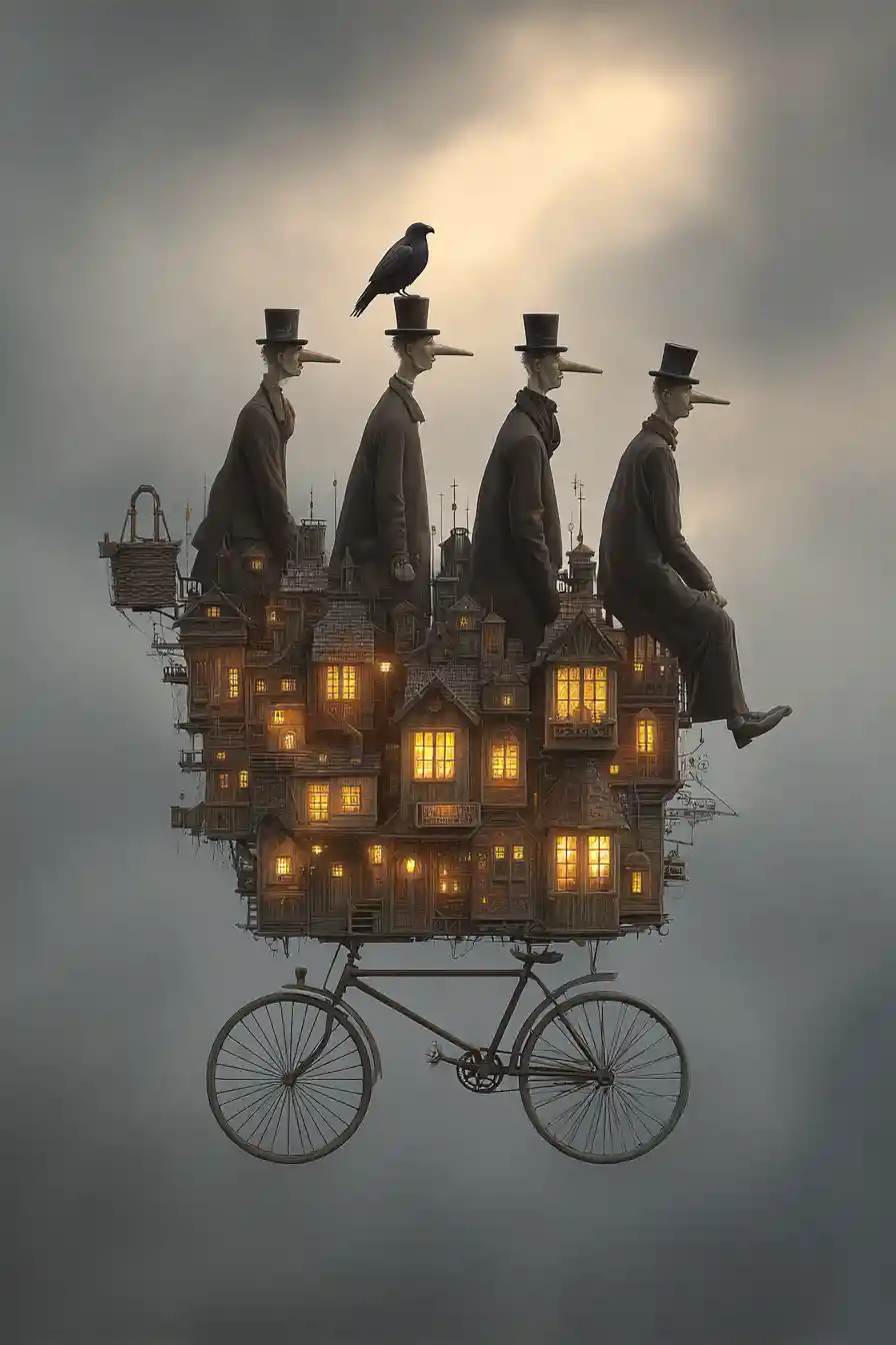Surreal Bicycle Village With Four Gentlemen In Soft Light