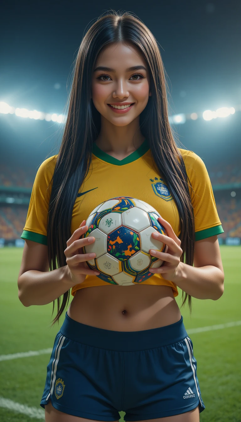 Smiling woman in Brazilian football kit holding World Cup ball