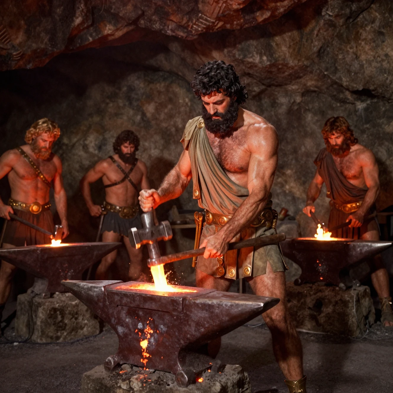 Greek god hammering at a fiery forge inside a cave