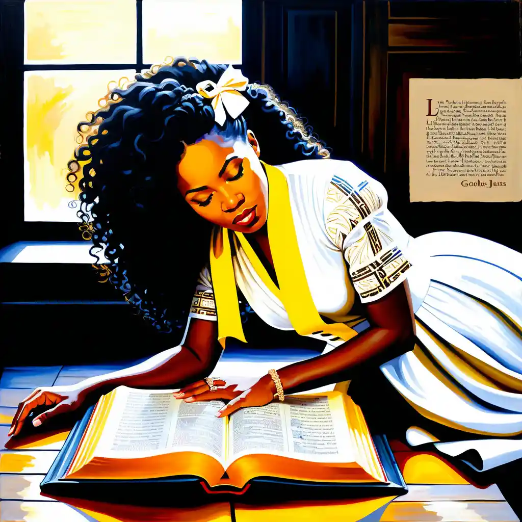 African American woman emerging from an open bible painting