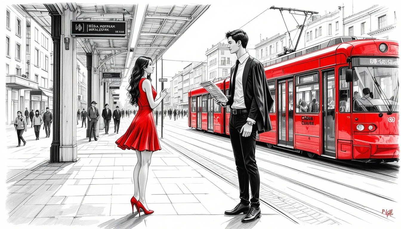Young woman in red dress at urban tram station