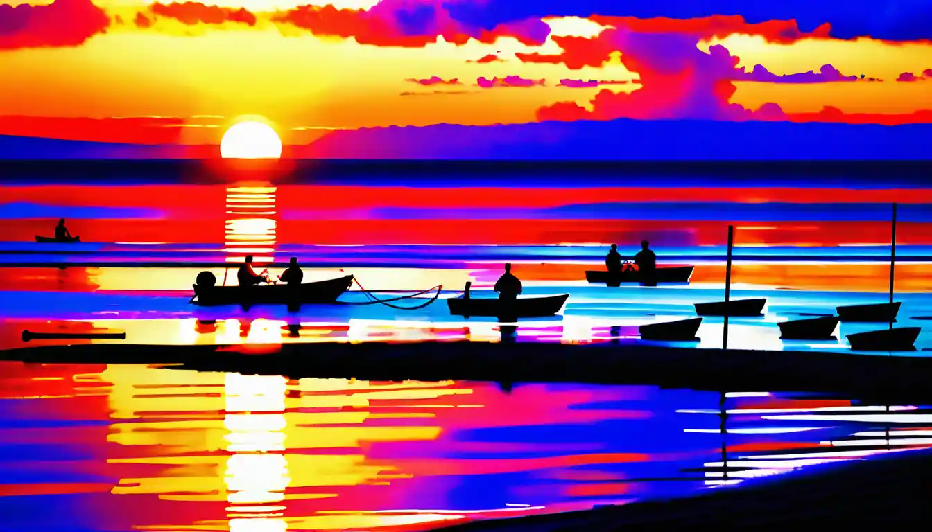 Parallel ocean waves with boats arranged like musical notes