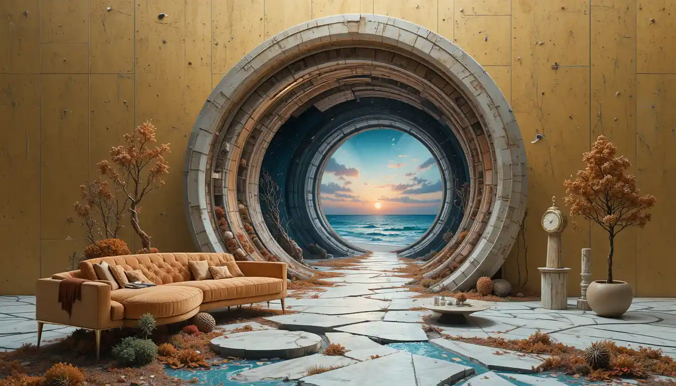 Surrealer Spiralturm in einer kosmischen Dämmerungslandschaft