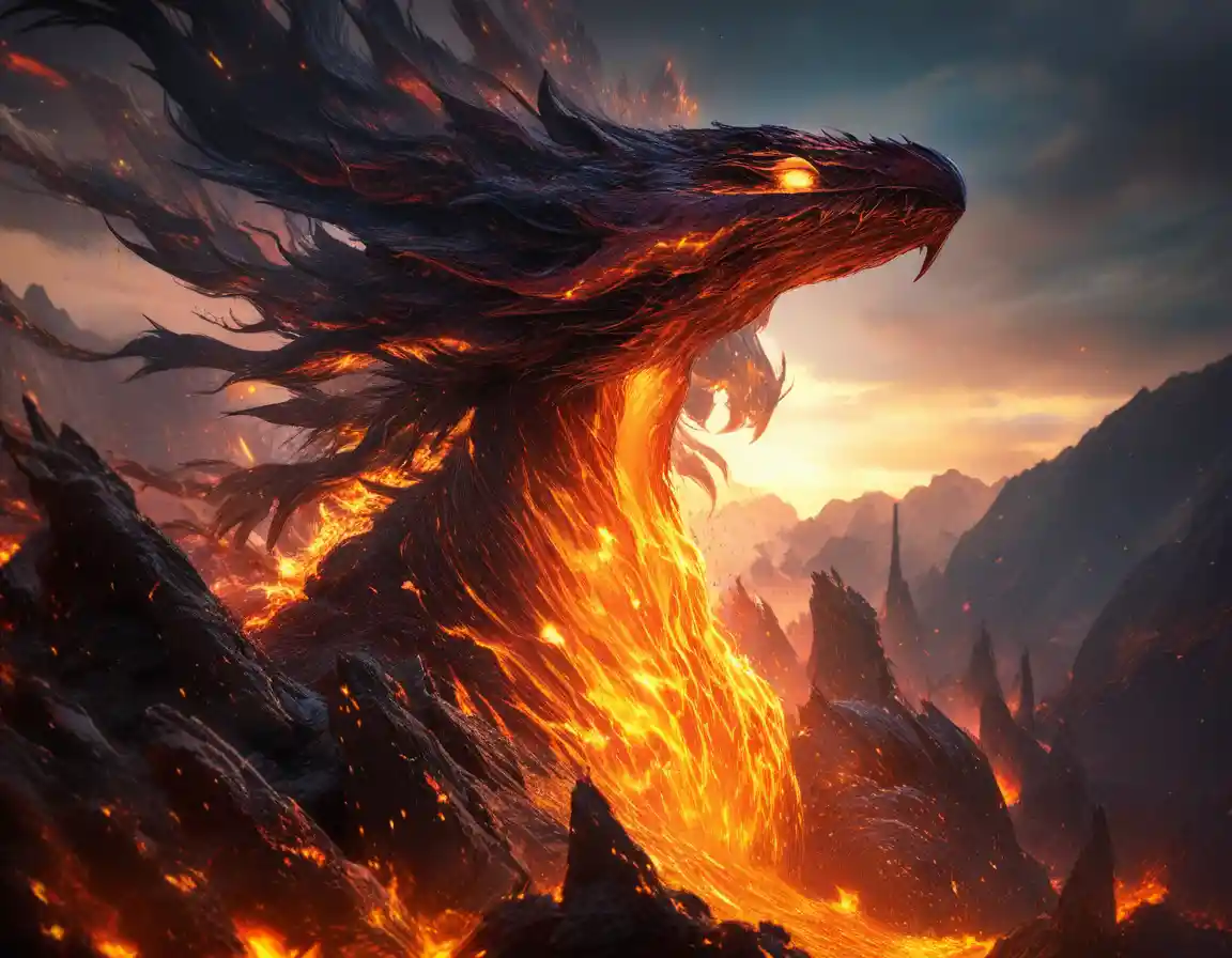 Legendary phoenix rising from a glowing volcanic eruption
