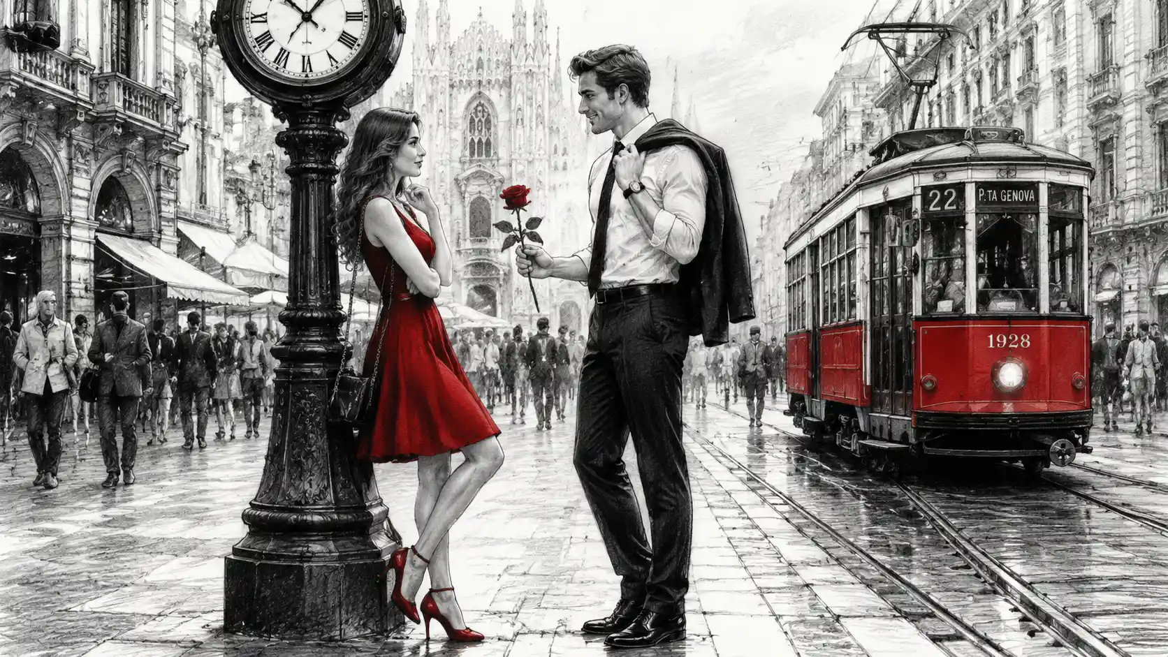 Young couple by a street clock on a city sidewalk