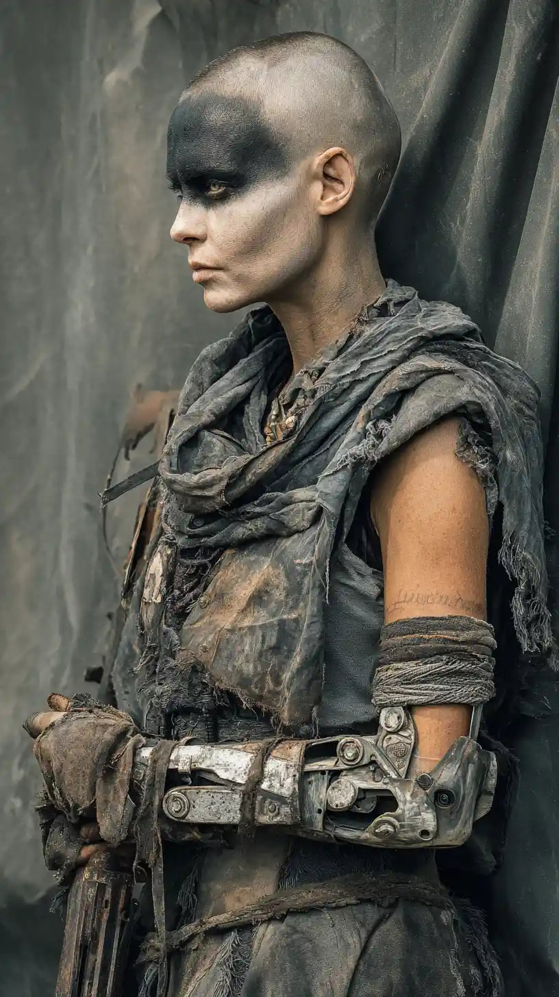 Bald woman with mechanical arm in grim wasteland cloak