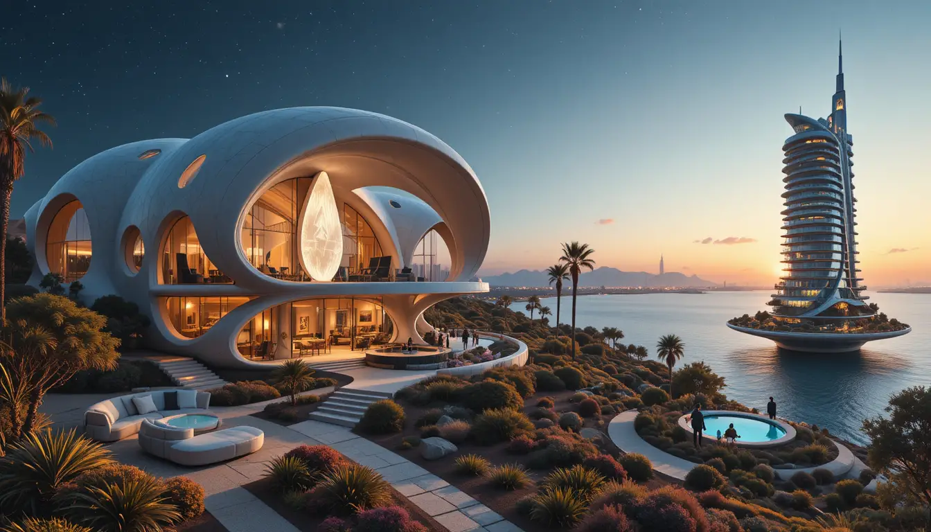 Futuristic organic villa with twisting forms in a garden