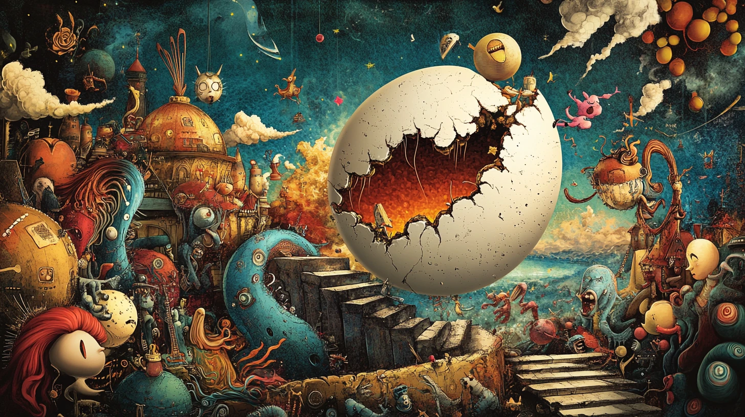 Surreal Fairy Tale Scene Of Mrs Humpty Dumpty Crying