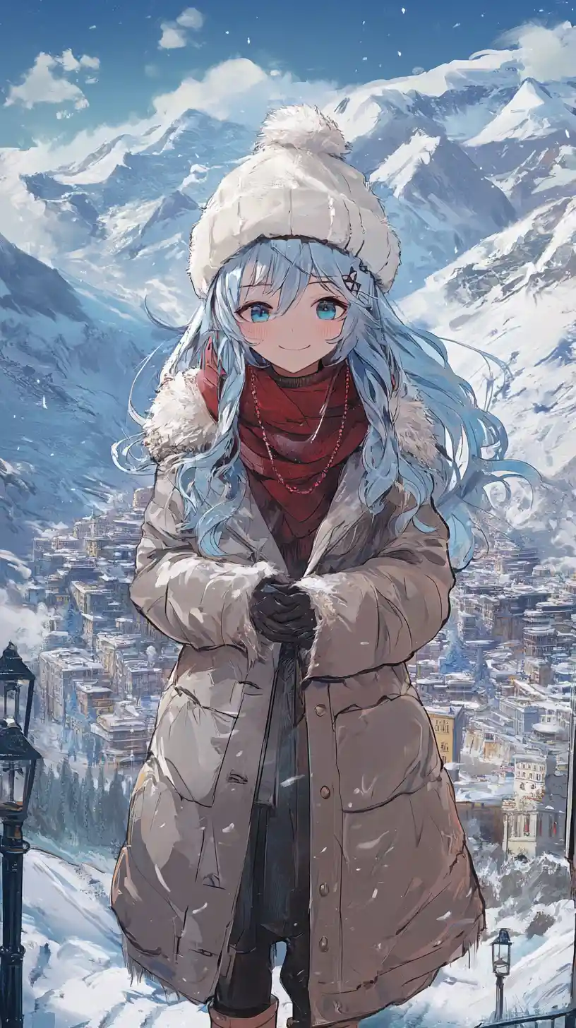 Anime girl in ancient sea colored city with arches