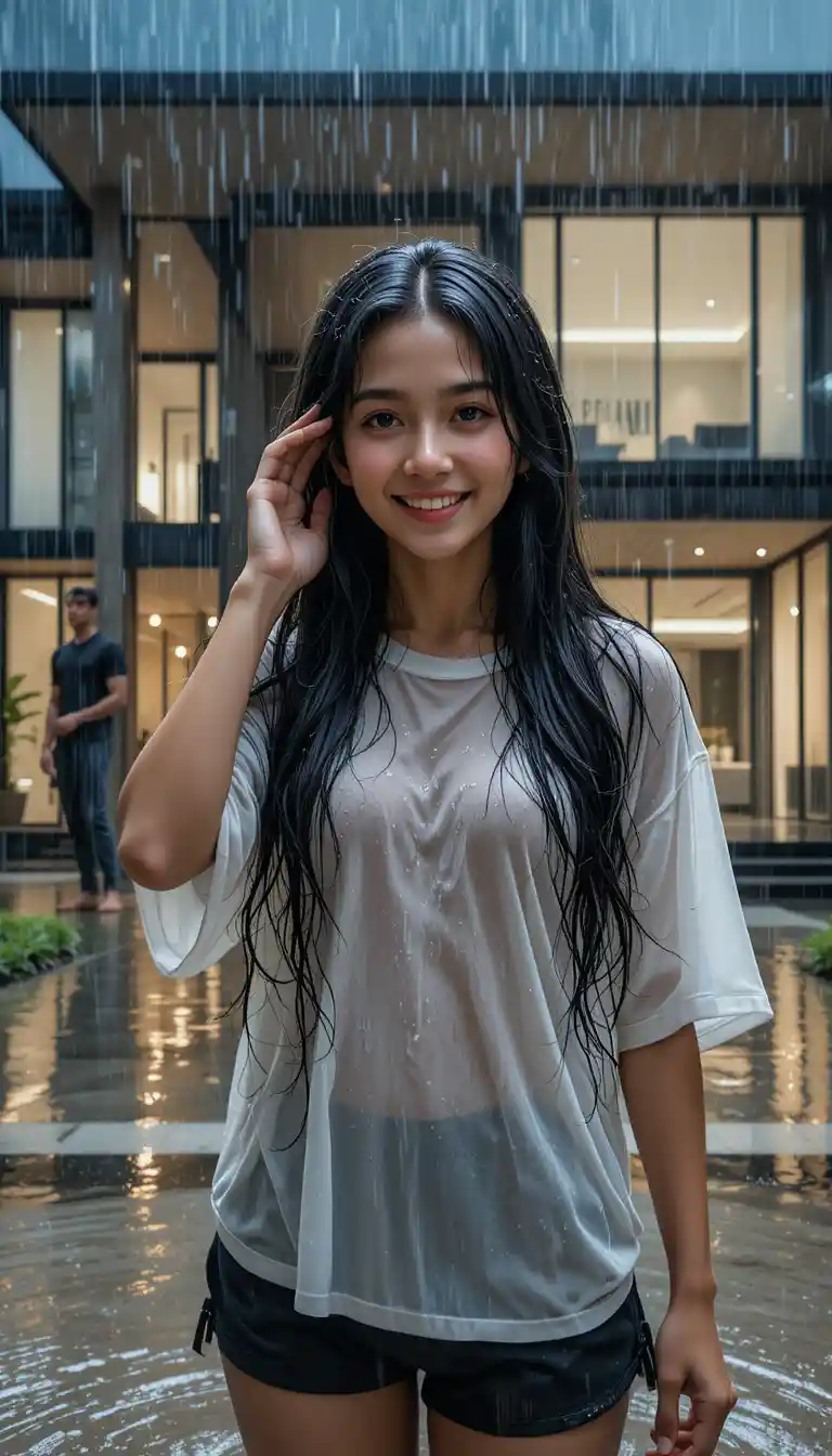 Joyful woman in heavy rain before modern glass mansion