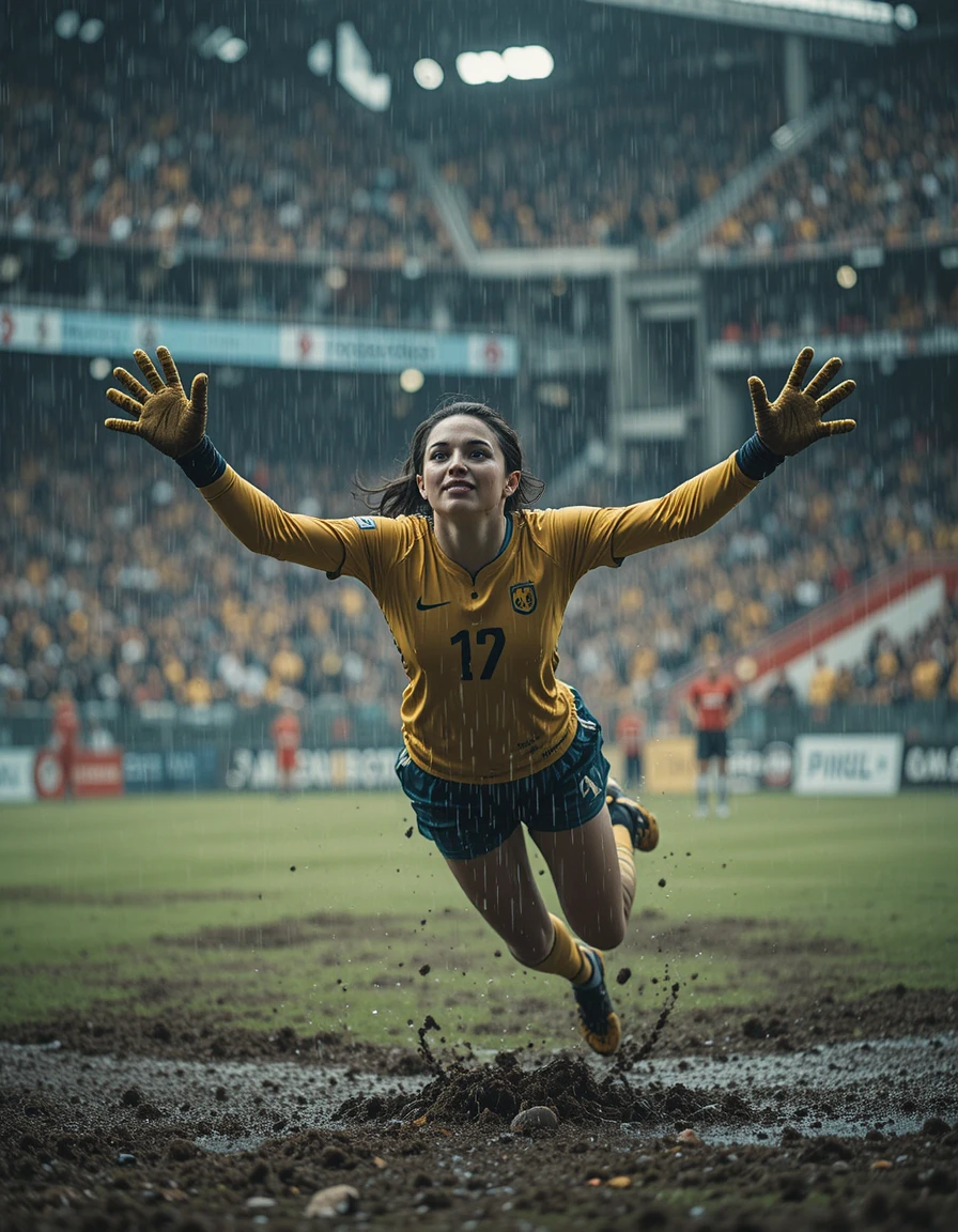 Female soccer goalie diving for a save in heavy rain