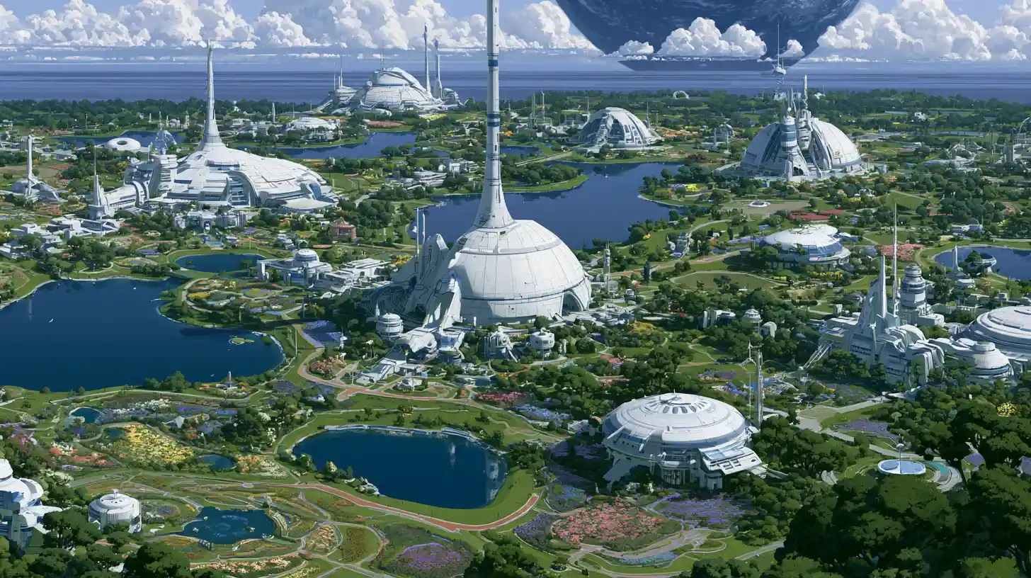 Futuristic space academy with lakes and training starfighter