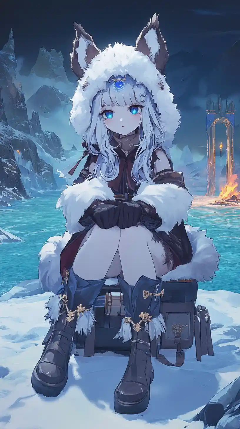 Silver haired girl in winter clothes by a windy beach